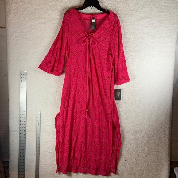 Vince Camuto Womens Pink Lace Crochet Caftan Midi Swim Cover-Up Dress Size S NWT - Picture 1 of 12